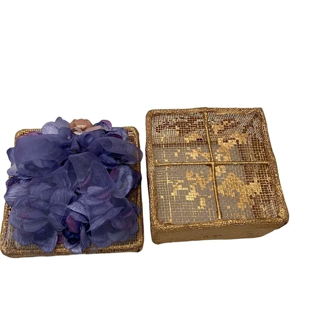Treasure Trinket Gold Mesh Box with Lid Purple Floral 4x4x2.75